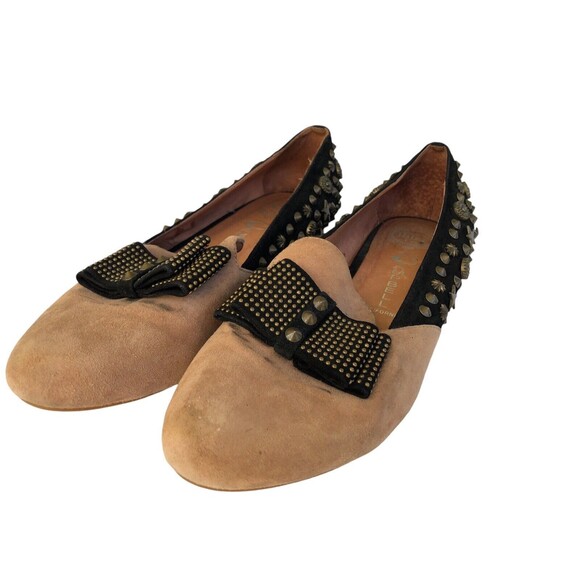 Jeffrey Campbell Ibiza Last ELEGANT SB Studs Bow Flat 9 Tan Black Suede Loafer - Picture 1 of 10